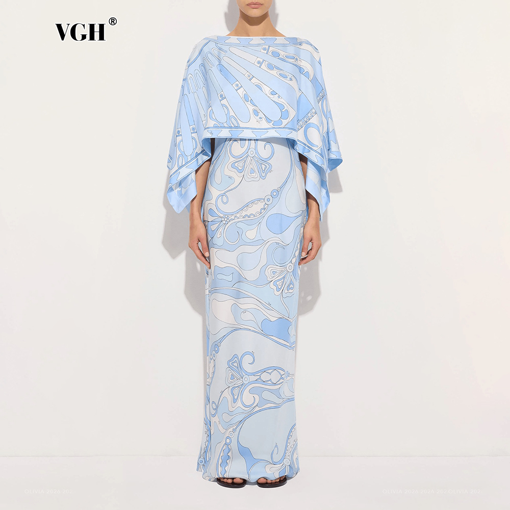 Formal Attire Woman - VGH ライトブルーの抽象柄プリントツーピースセット、女性用ボディコンドレススーツ、ボートネック、ゆったりデザインのケープ付き、結婚式のゲストやガラに最適
