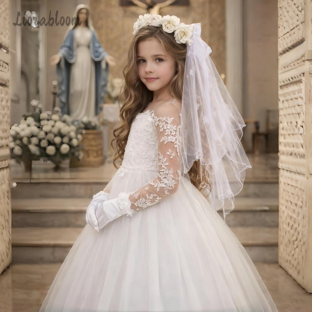 Formal Attire Woman - 女の子用レースウェディングドレス カスタムメイド フルスカート フラワーガールガウン ボールガウン ウェディングパーティーアタイアドレス
