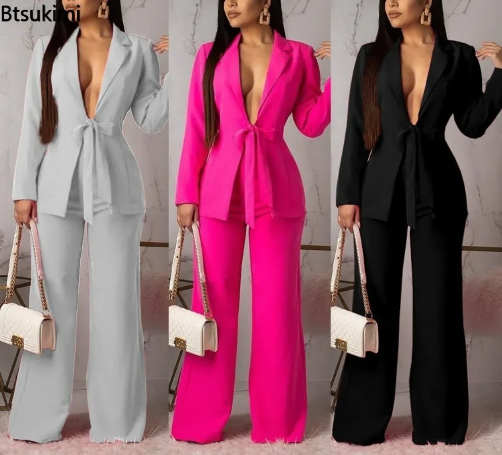 Women Formal Wear With Tie - 2026年新作 レディースフォーマルビジネススーツ オフィスウェア ツーピースセット ブレザーパンツセット プロフェッショナルウーマン向け