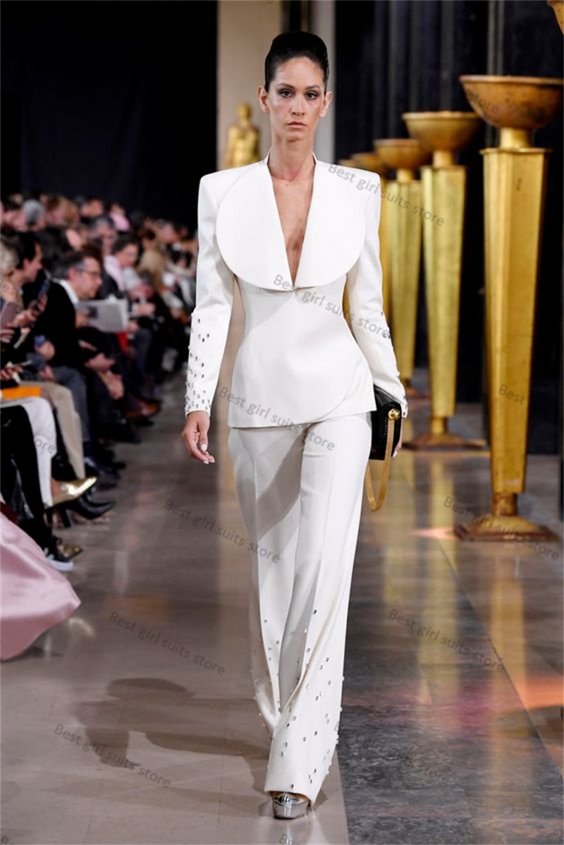 Women Formal Wear Tailor - 女性のためのエレガントなクリスタルブレザーとパンツセット,フォーマルな結婚式の服,Vネック,セクシー,ジャケット,カスタマイズ可能なコート,プロのドレス,白,2個