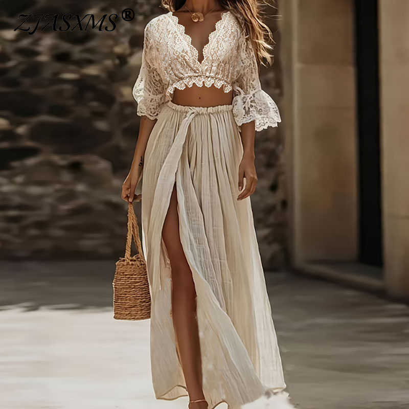 Formal Attire Woman - レディースボヘミアンレースツーピースセット セクシーディープVネッククロップトップ+ハイウエストスリットマキシスカート バケーションアウトフィット フレア袖ホロースーツ
