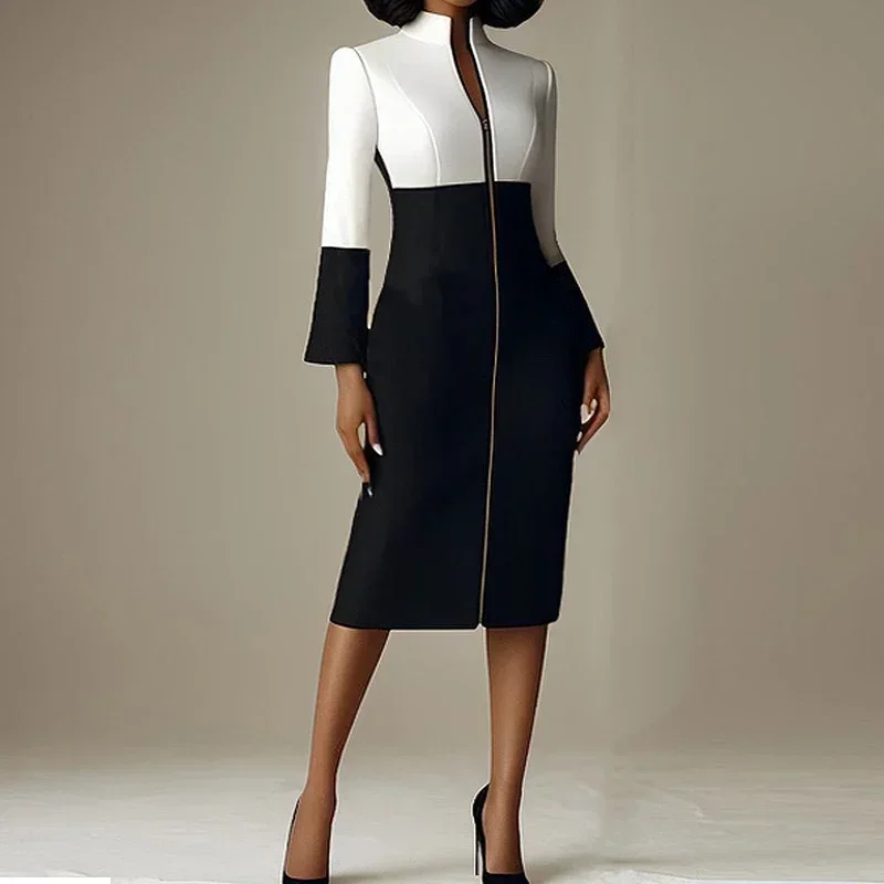 Women Formal Wear H&M - レディースコントラストカラーVネックジッパーボディコンミディドレス春秋フォーマルオフィスウェア女性用カジュアルドレスロングサマードレス