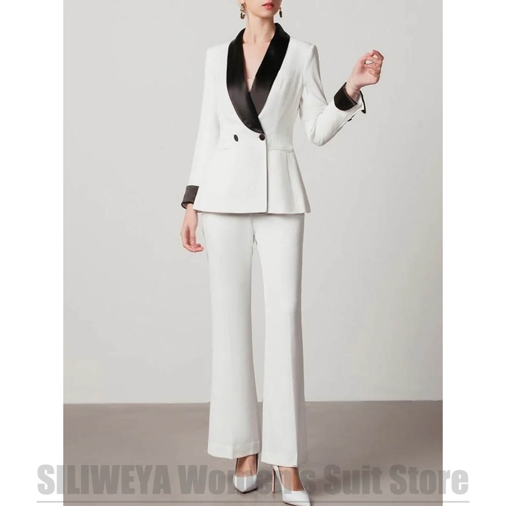 Women Formal Wear White Shirt - 白人女性用ダブルブレストスーツ2ピース、黒のサテンショールカラー、ファッションフォーマルウェディングパーティー、プロム、オフィス、タキシード