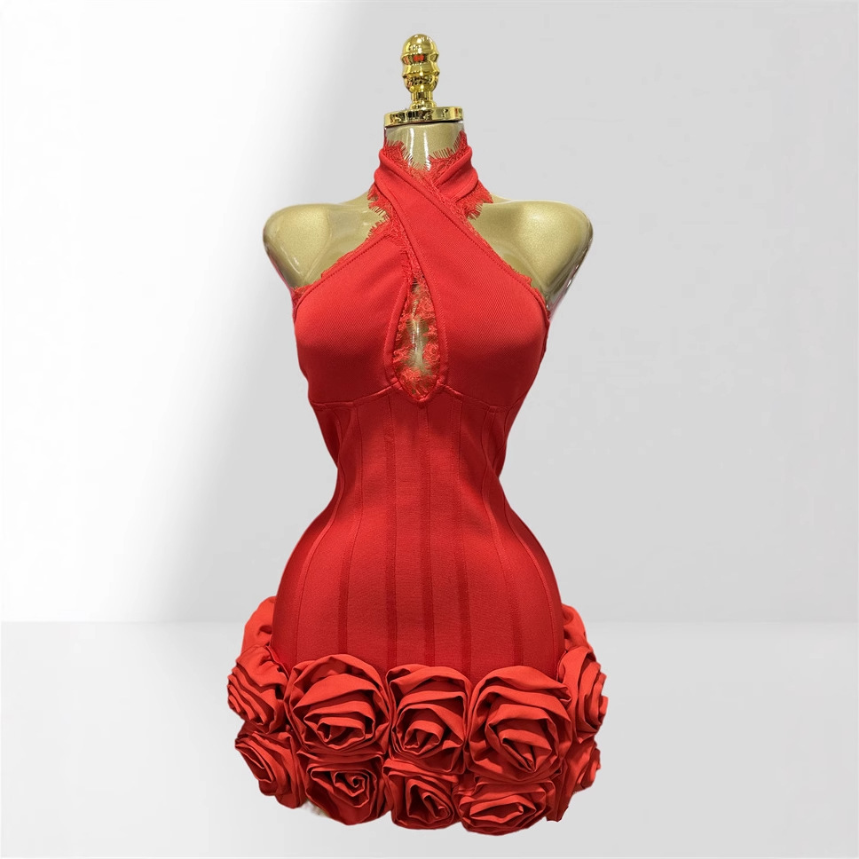 Women Formal Wear H&M - ステレオバッドグラムネックウエストレッドバンデージスーパーショートドレスファッショナブルホットパーティーパフォーマンスウェアカクテルフォーマルミニガウンドレス