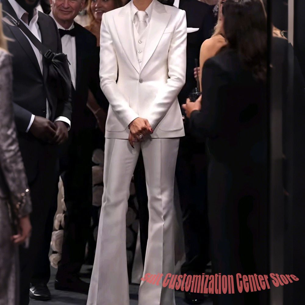 Women Formal Wear White Shirt - レディース ホワイト サテン テーラードスーツセット スリムフィット ジャケット+ベスト+パンツ