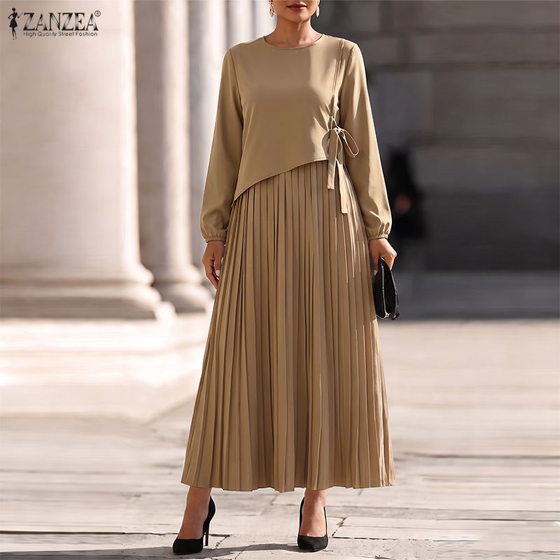 Women Formal Office Wear Tops - ZANZEA プラスサイズ レディース Oネック 長袖 プリーツ入り