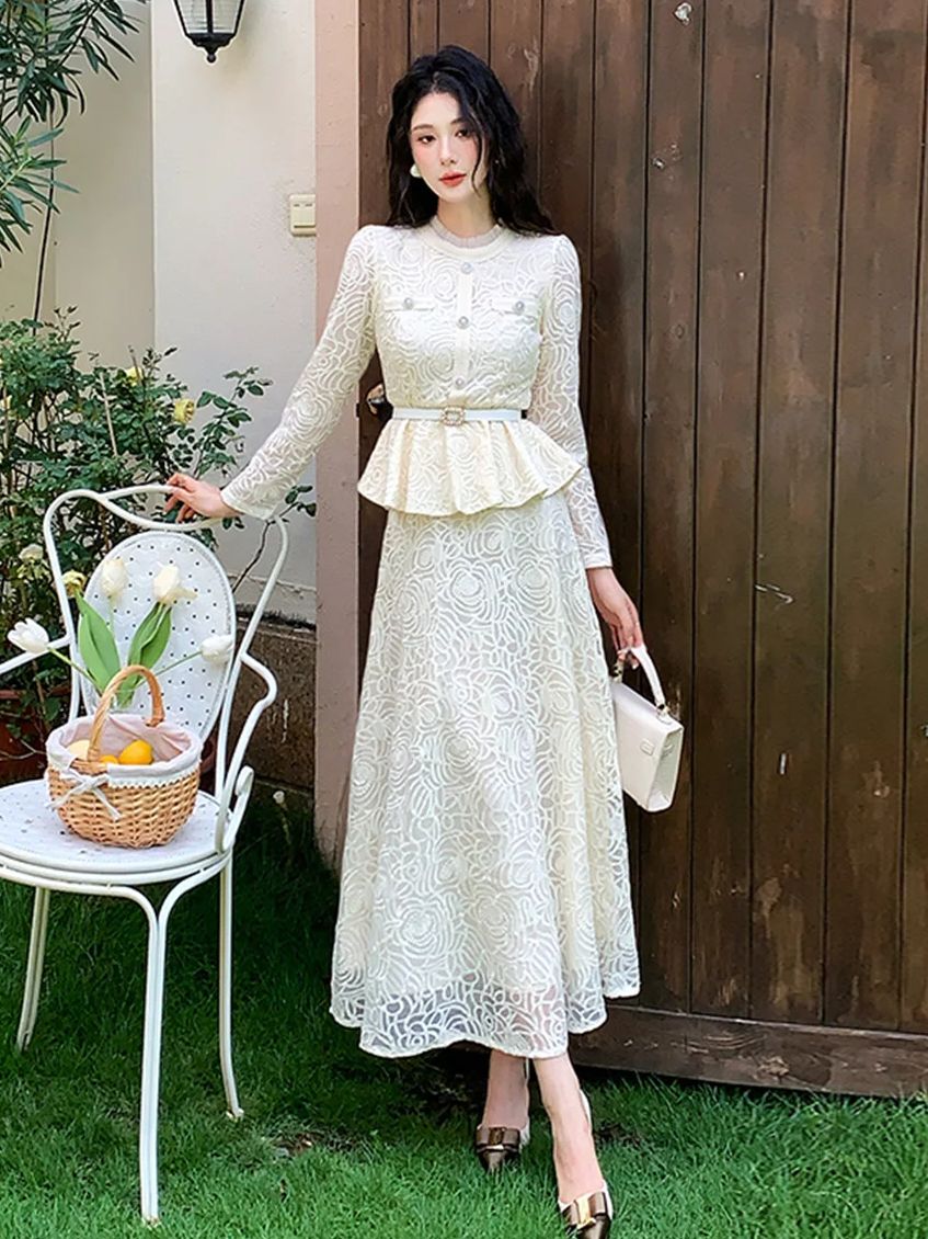 Formal Dress Female - フォーマルな高級イブニングレースツーピースドレスセット レディース 秋 刺繍入りスリムブラウストップス ミディアム丈Aラインスカートスーツ 女性用衣装