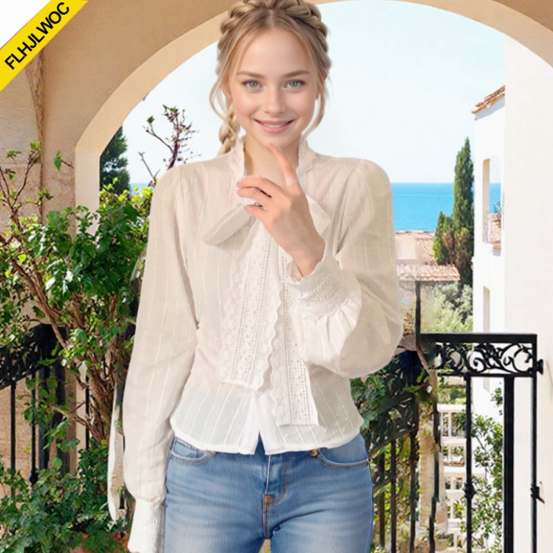 Women Formal Wear White Shirt - レトロヴィンテージレース蝶ネクタイトップスかわいい女の子春秋の基本的な摩耗エレガントなフォーマルシングルブレストボタン固体白シャツ