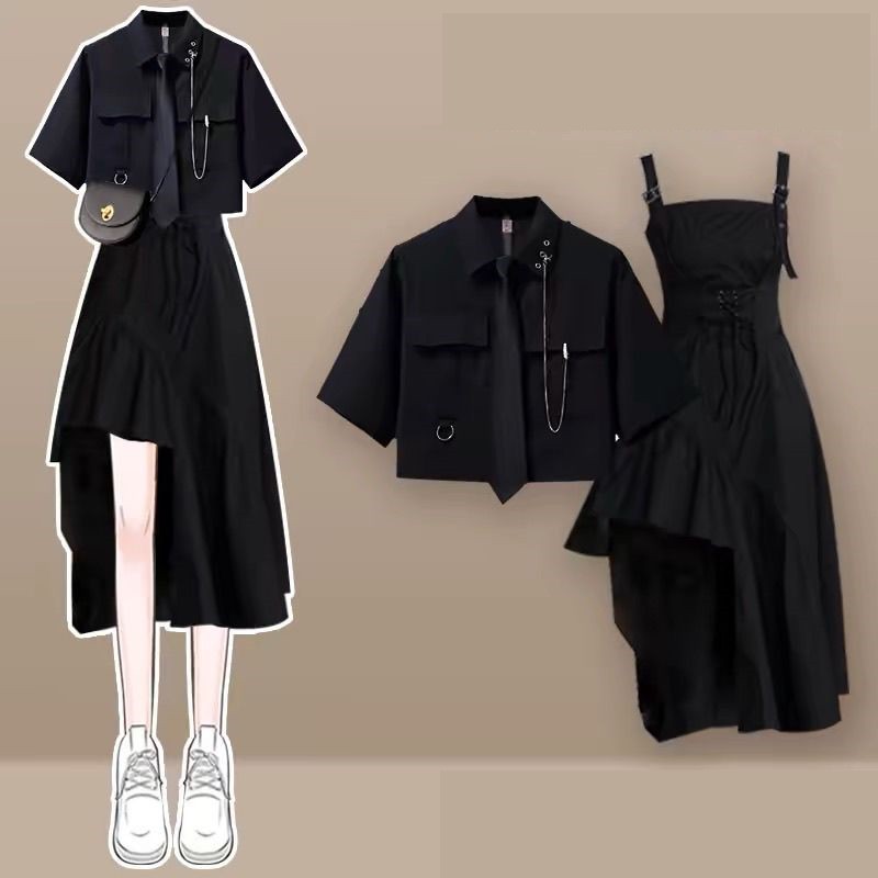 Women Formal Wear For Summer - 2026年女性用サマーニューファッションイレギュラーワンピースマッチングセット韓国風エレガント半袖シャツ+ストラップスカートツーピーススーツ