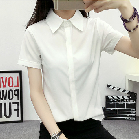 Women Formal Wear White Shirt - 白いゆったりとした半袖シャツ、女性用、夏物、韓国風、大きいサイズ、学生用、フォーマル、カジュアル、オフィスウェア、襟付き、ボタンアップ