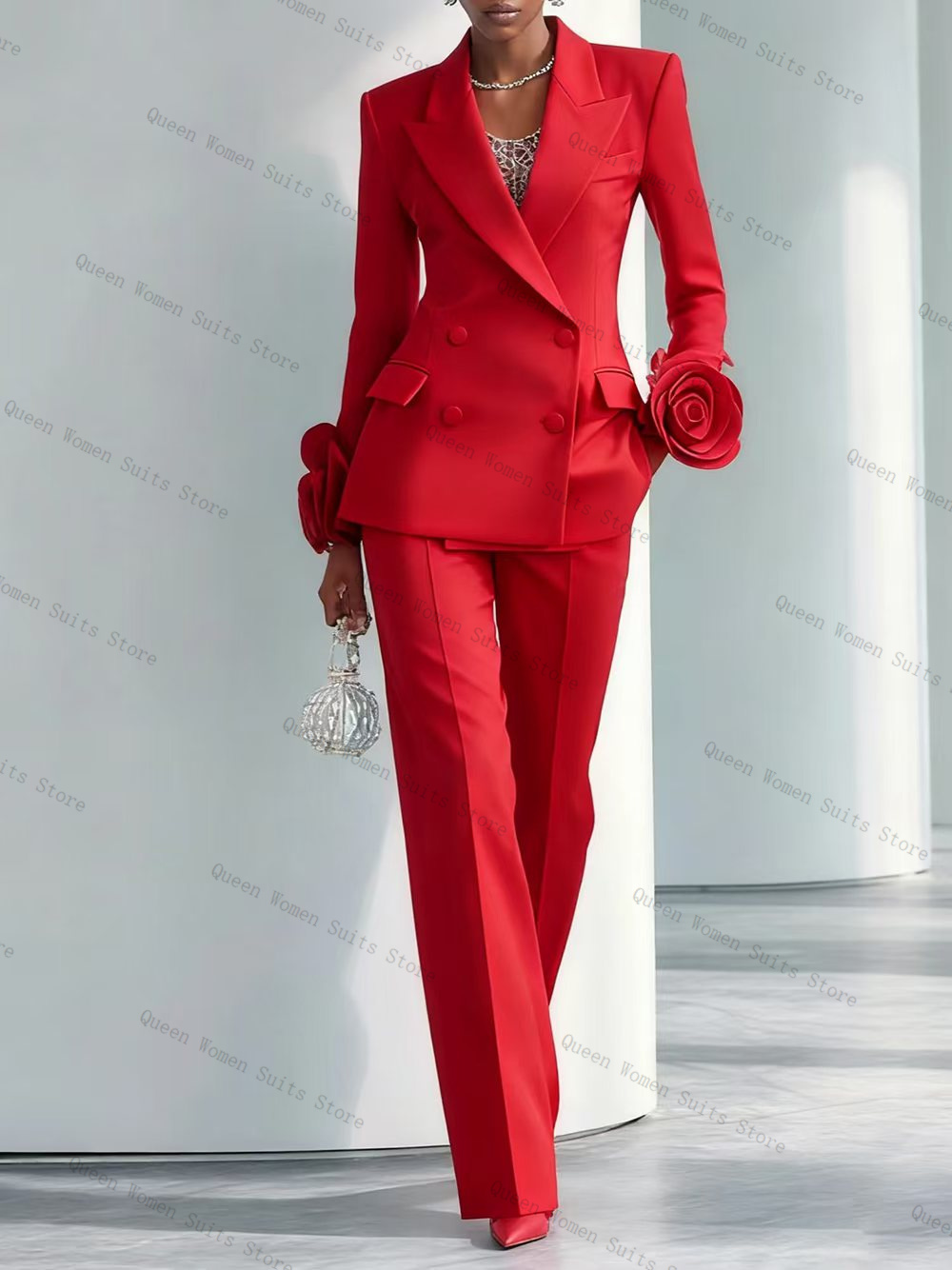 Women Luxury Formal Wear - 高級レッド女性スーツセット 2 個ブレザー + パンツズボン 3D
