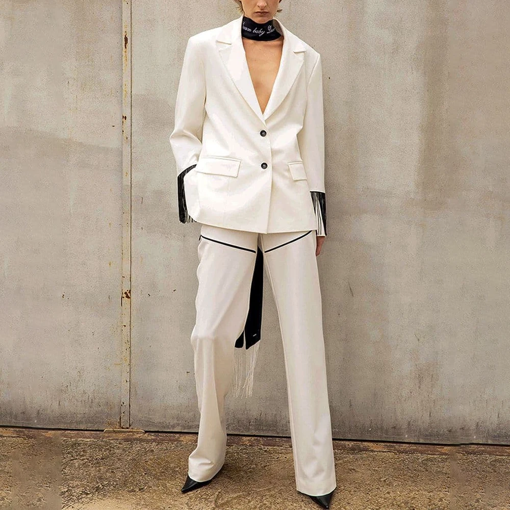 Women Formal Wear Without Blazer - ファッションホワイトツーピースセット長袖タッセルブレザー背中開きボウタイスリムフィットパンツプロム誕生日パーティー着用