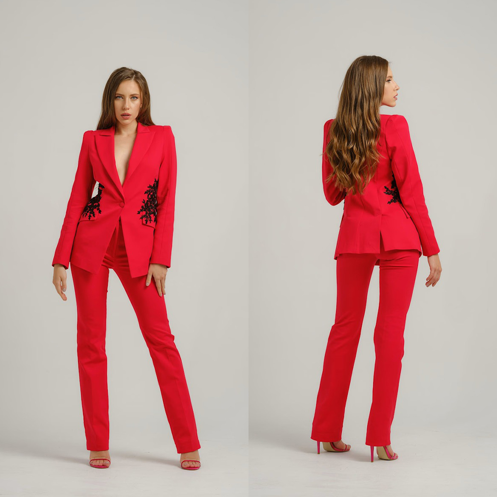 Formal Dress Female - 女性のドレススーツガウンエレガントなアップリケショールラペルジャケットコートとパンツ女性のためのサテン 2 ピーススーツカスタマイズ W745