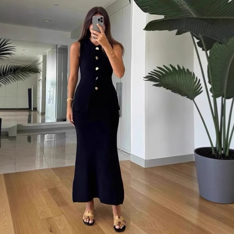 Women Formal Office Wear Tops - ラウンドネックシングルブレストノースリーブボディコントップと体型にフィットするロングスカートの2ピースセットレディースウェア多用途フォーマル衣装