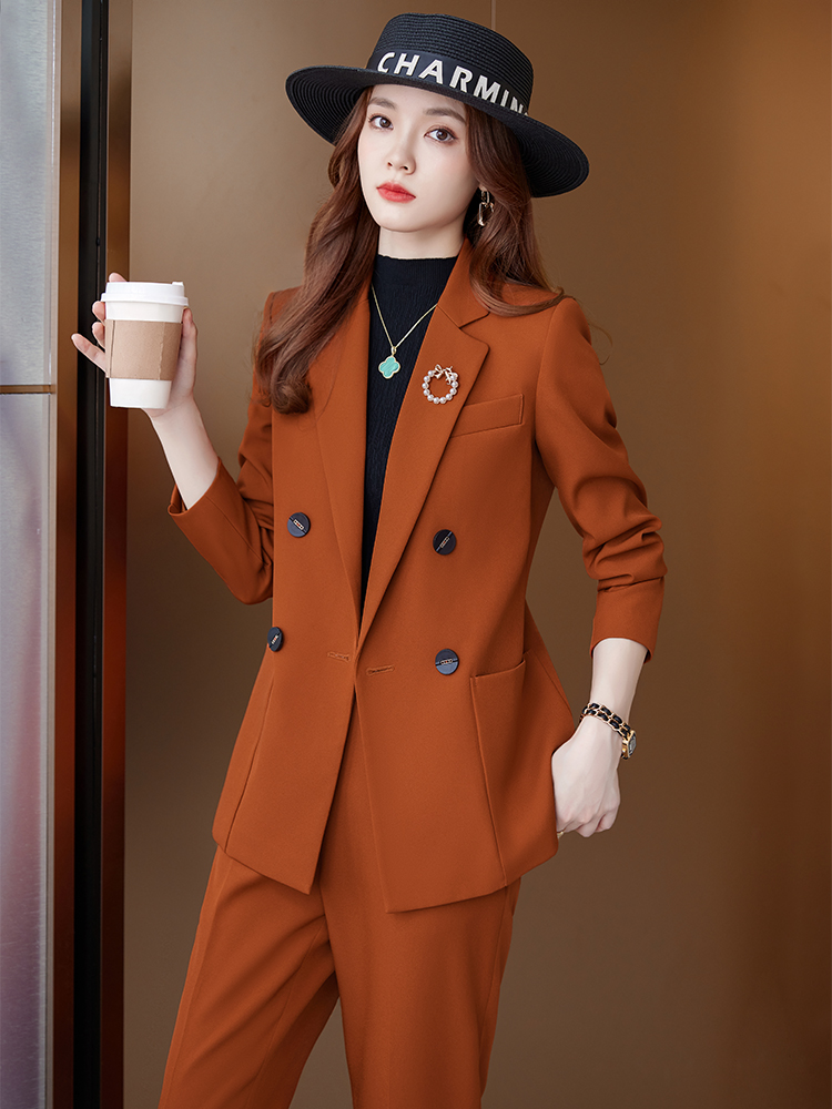 Women Formal Wear Tailor - レディース2ピースビジネススーツセット、ポケット付きダブルブレストブレザー＆ハイウエスト仕立てトラウザーズ、フォーマルオフィスワークウェア