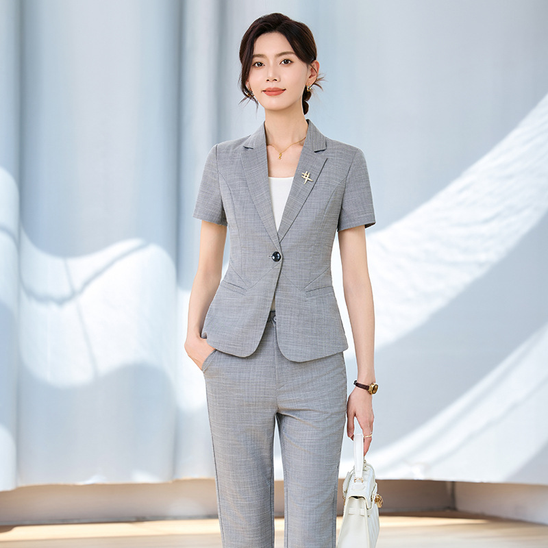 Women Formal Wear H&M - 女性用春夏半袖スーツセット、面接用プロフェッショナルウェア、ビジネスフォーマルウェア、グレーのワークウェア、h