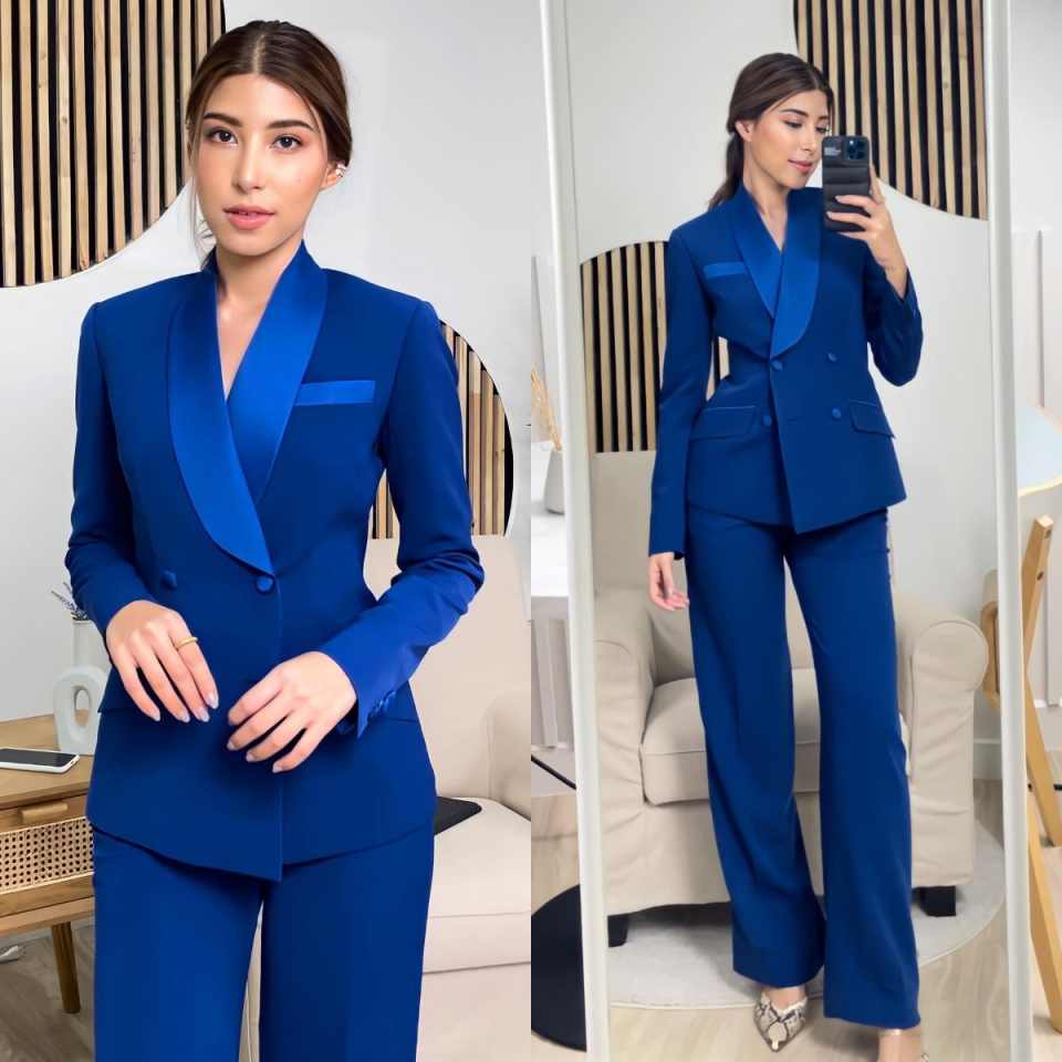 Women Formal Wear With Tie - ロイヤルブルーの女性用ジャケットセット、カスタマイズされたダブルブレストショールラペル、女子プロム、イブニングゲスト、フォーマルウェア、写真撮影用2ピース