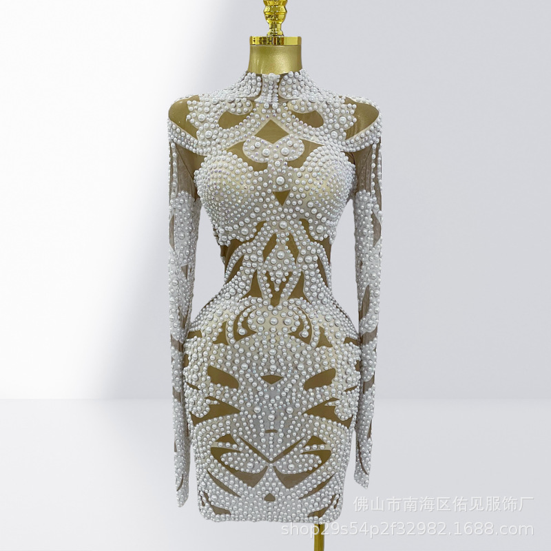 Women Formal Wear H&M - 高級ホットビーズ透視メッシュセミタートルネックタイト超ショートドレスパーティーシンガーパフォーマンスウェアカクテルフォーマルミニガウン