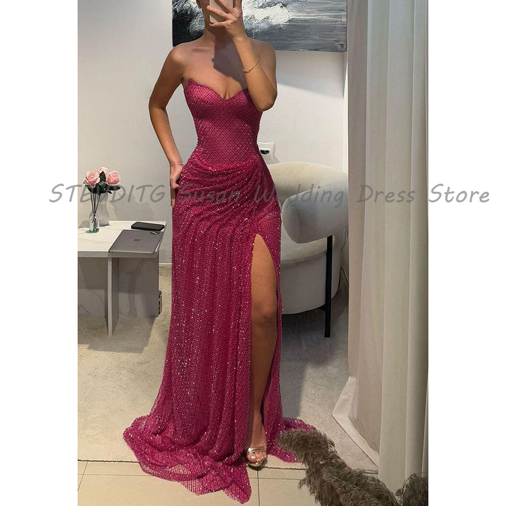 Formal Dress Female - 絶妙なイブニングドレス女性ベントストラップレスノースリーブ高品質フロアレングスウエディングパーティー女性ガウンスイープトレインクラシック