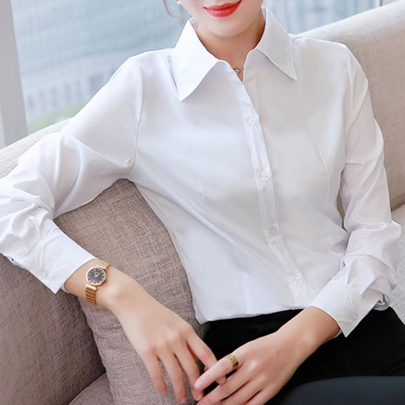 Women Formal Wear White Shirt - ホワイトスリムフィットフォーマルオフィスレディースシャツ 韓国風ビジネスOL 露出防止ボタンブラウス シンプルデイリーウェアカジュアルシャツトップス
