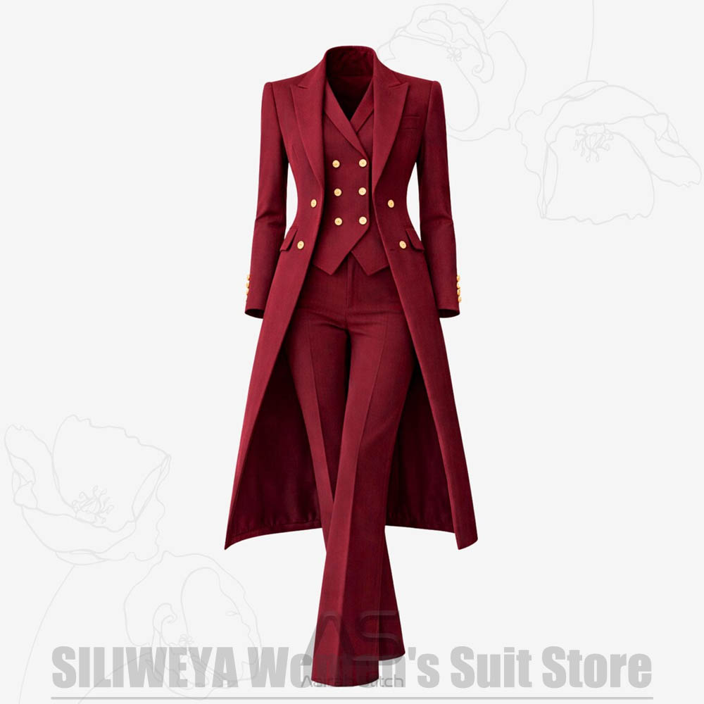 Women Luxury Formal Wear - レディーススーツ 3ピース ダブルブレスト ロングコート ベスト パンツ