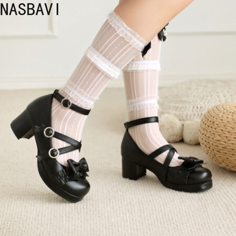 Women Formal Office Wear Tops - NASBAVI 女性のロリータメリージェーンシューズエレガントなローヒールパンプスストラップ白ピンク赤黒オフィス結婚式の靴女の子ビッグサイズ