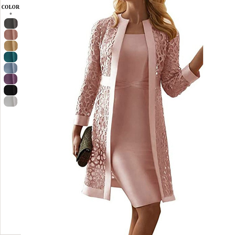 Formal Dress Female - Wein レースカーディガンドレス 2 つのコート付きレディース女性スカートドレスコートセットスーツ中空アウトコットンとリネンフォーマルオフィス
