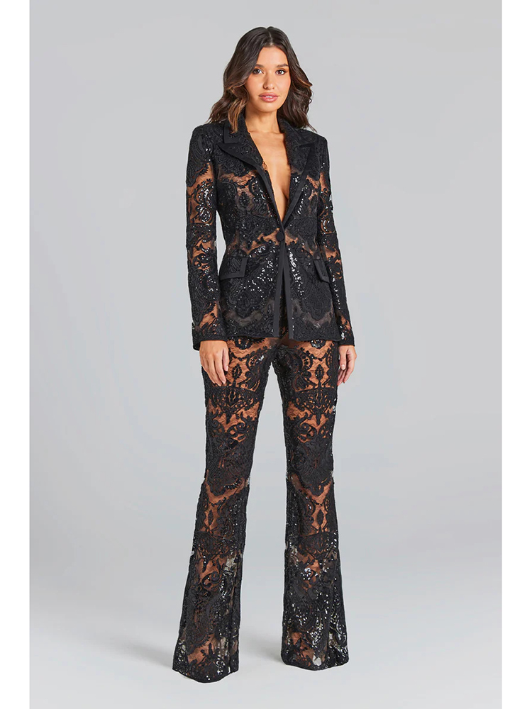 Formal Attire Woman - ハイストリート最新2026デザイナーランウェイスーツセット レディースシングルボタンギピュールレースブレザーフレアパンツセット