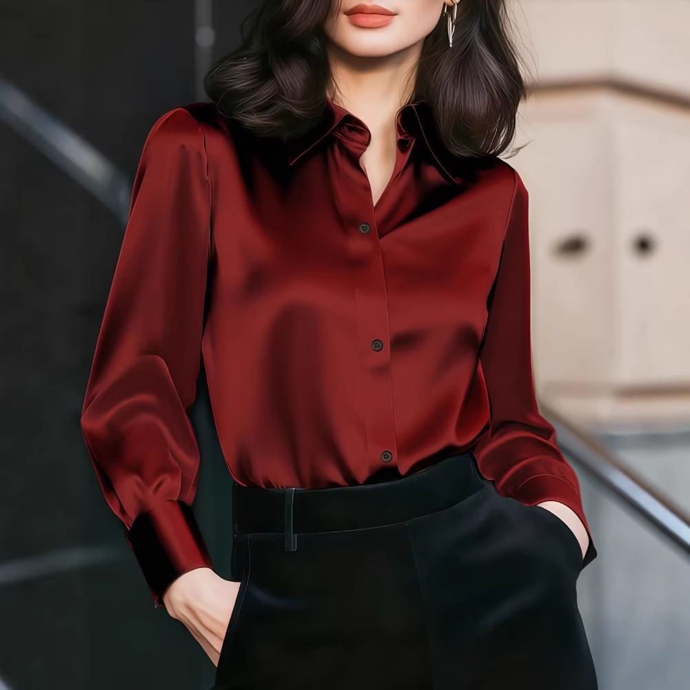 Women Formal Office Wear Tops - レディースサテンラペルカラーブラウス、ボタンフロント、長袖、ターンアップカフ、エレガントなオフィスビジネスフォーマルデイリーウェアシャツトップ