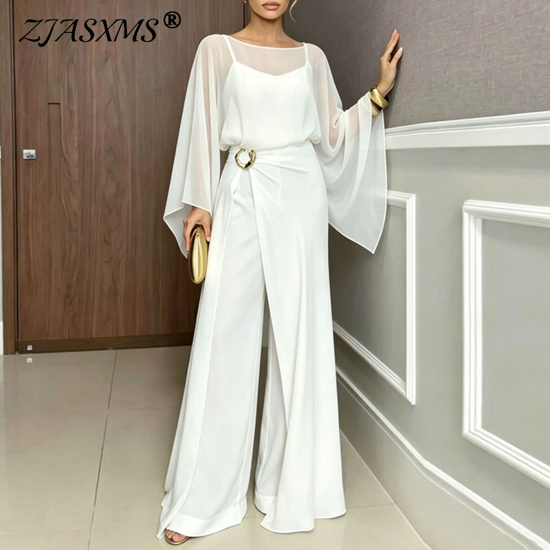 Formal Attire Woman - 女性フォーマルジャンプスーツ 2 個セットシアーフレアスリーブハイウエストスプリットオーバーレイワイドプレイスーツスーツイブニングプロム結婚式ロンパース衣装