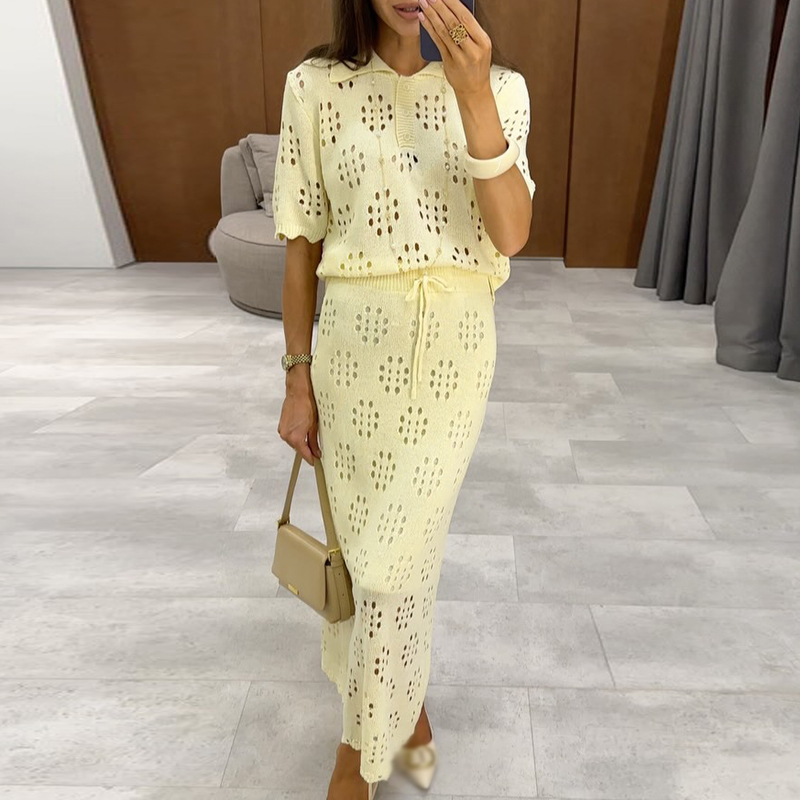 Women Formal Wear For Summer - 夏の無地通勤コーデ エレガントなレディーススリムパーティーツーピーススーツ ホローアウトOネック半袖トップス＆スカートセット