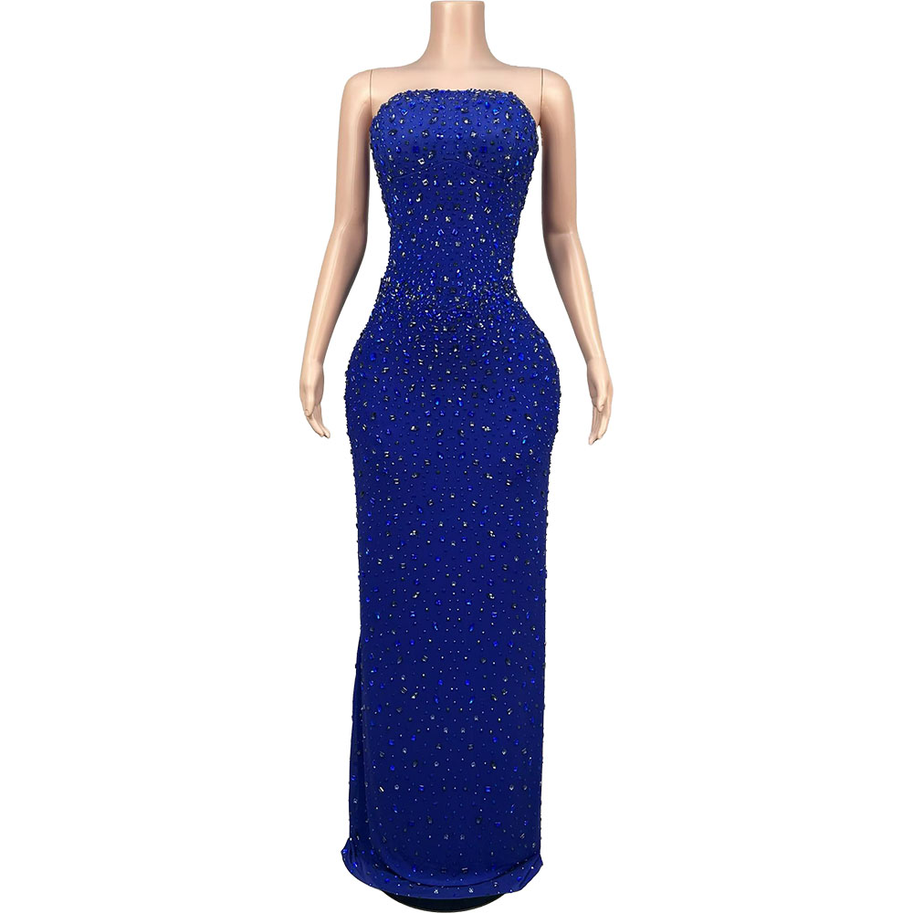 Women Luxury Formal Wear - キラキラ輝くラインストーンブルーストラップレスイブニングドレスガラプロムレッドカーペットエレガントフォーマルドレスクリスタルラグジュアリーセクシーステージウェア