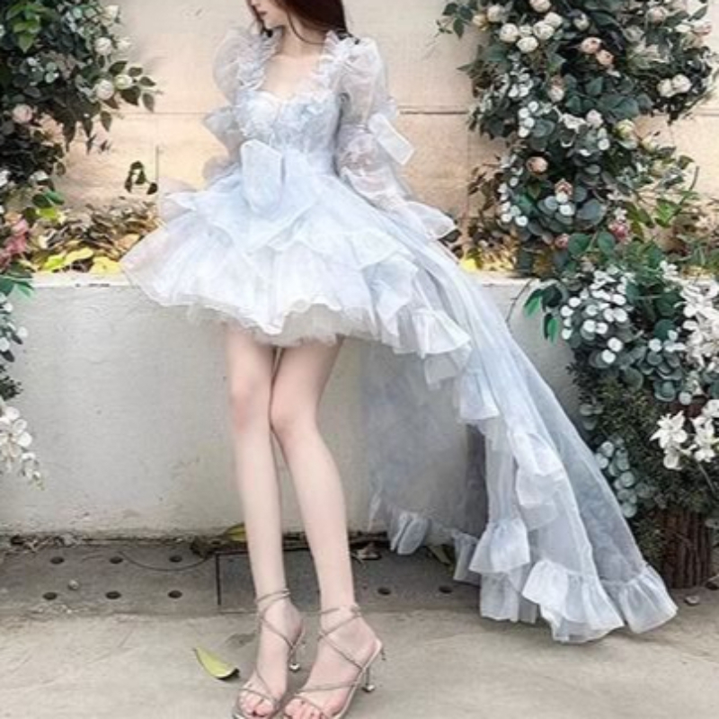 スイートロリータフレンチパフスリーブレースボウラッフルティア - Women Formal Wear For Graduation のレビューと価格