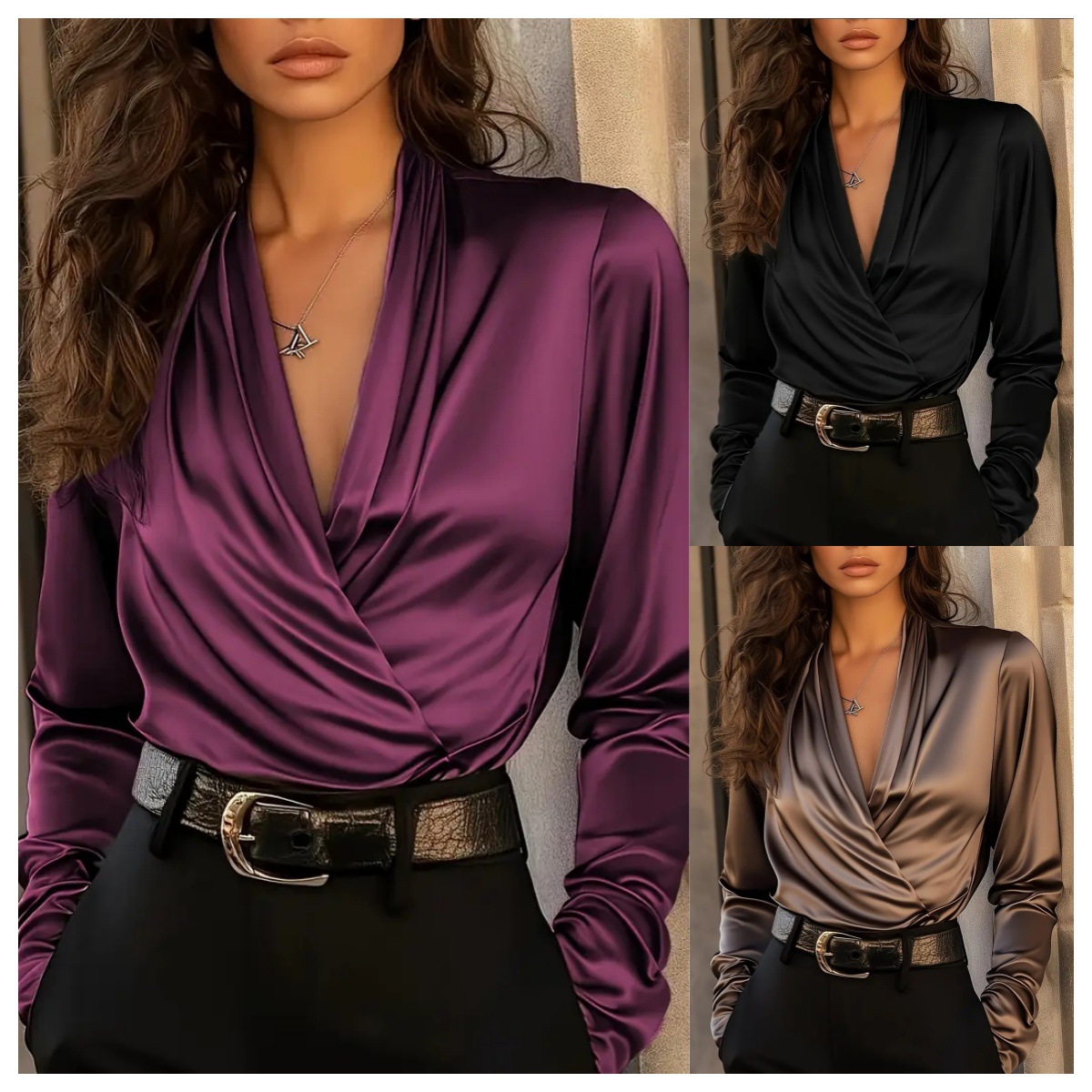 レディース サテン ラップ Vネック 長袖ブラウス シックで - Women Formal Office Wear Tops のレビューと価格