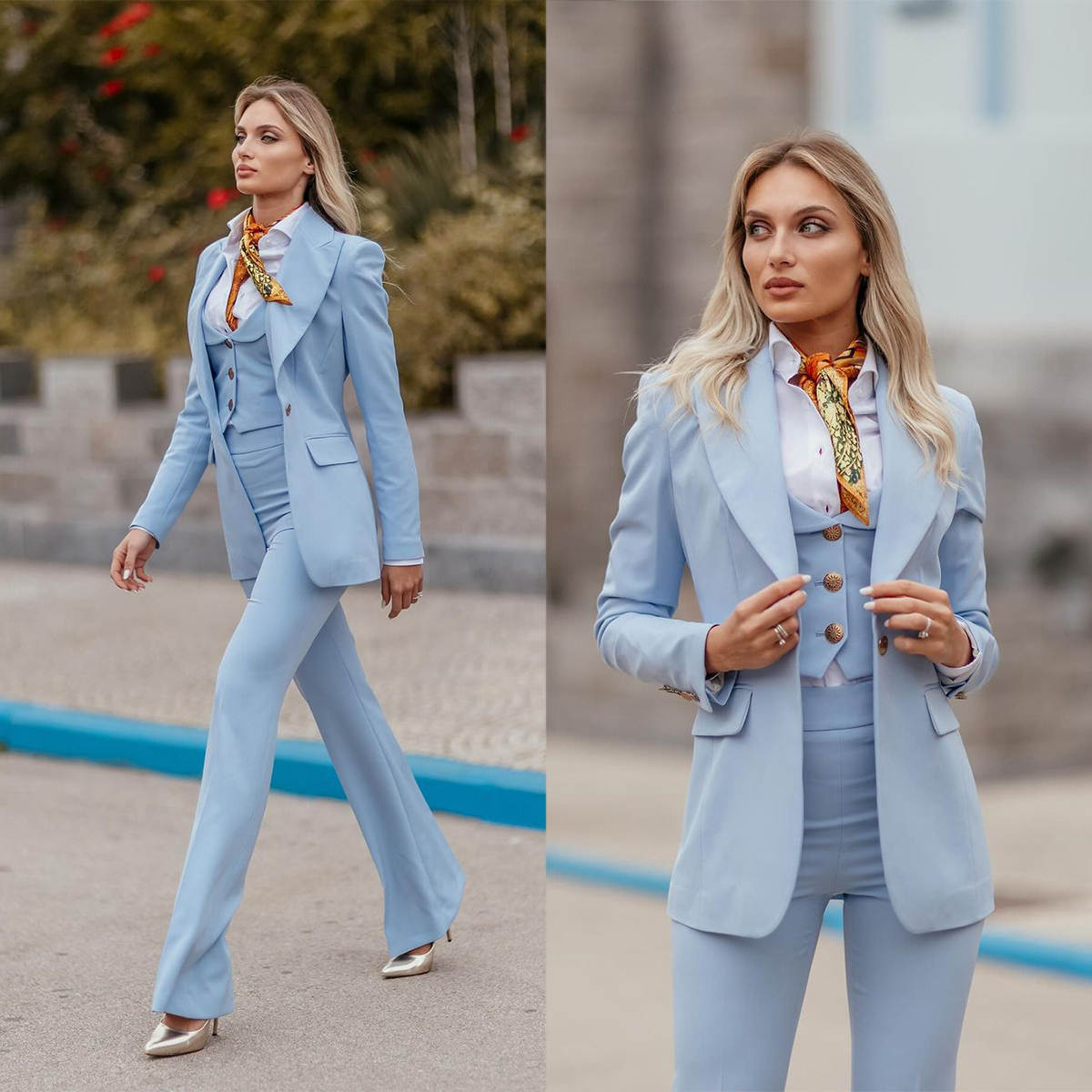 女性フォーマルスーツ スカイブルー ピークドラペル レディー - Women Formal Wear With Tie のレビューと価格