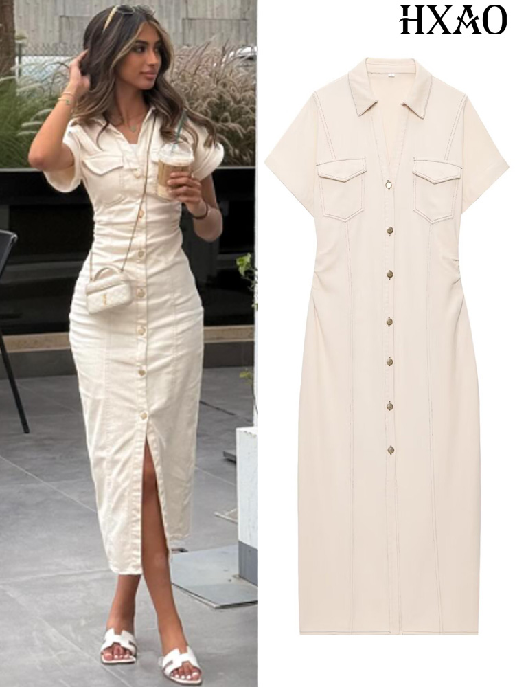 HXAO デニム レディース ワンピース ボタン オフホワイ - Women Formal Office Wear Tops のレビューと価格