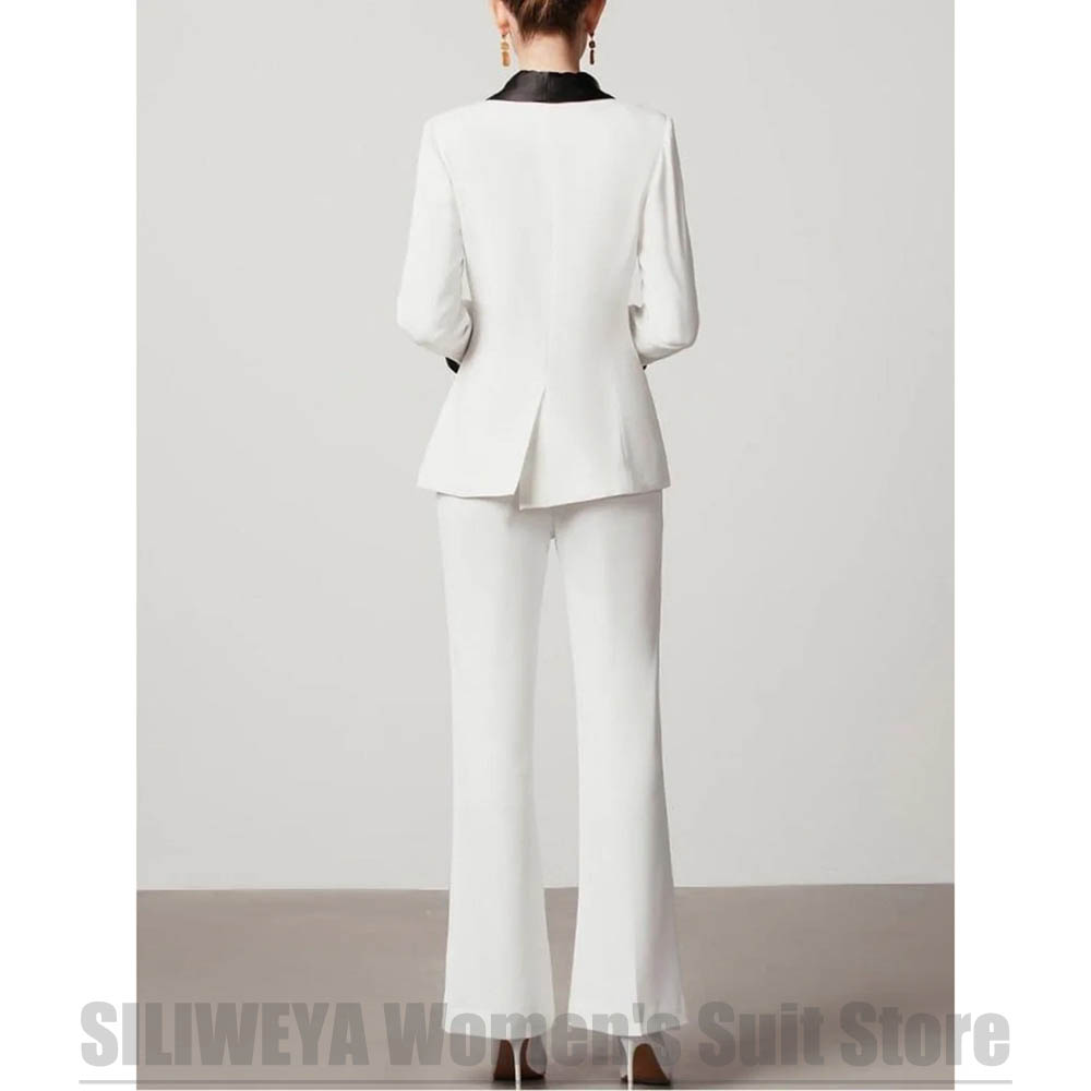 白人女性用ダブルブレストスーツ2ピース、黒のサテンショールカ - Women Formal Wear White Shirt のレビューと価格