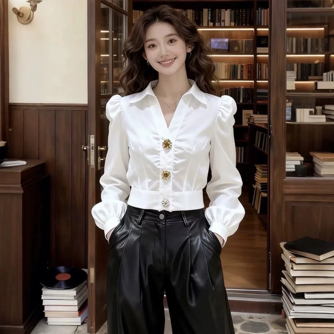 エレガントな白いVネックブラウス、女性用パフスリーブボタンシ - Women Formal Wear White Shirt のレビューと価格