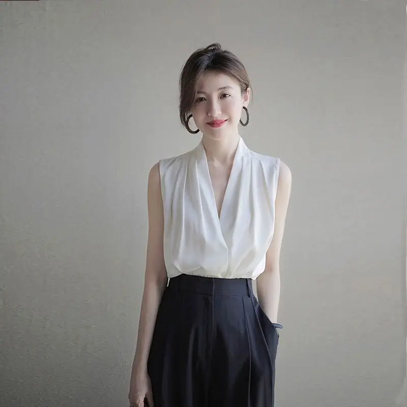 女性の裸の肩のVネックシャツとブラウス,ノースリーブのドレス - Women Formal Wear White Shirt のレビューと価格