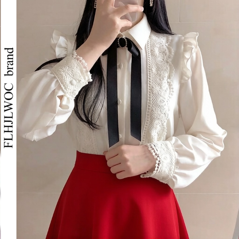 フリル秋春の基本的なオフィスレディ作業服女性シングルブレスト - Women Formal Wear White Shirt のレビューと価格