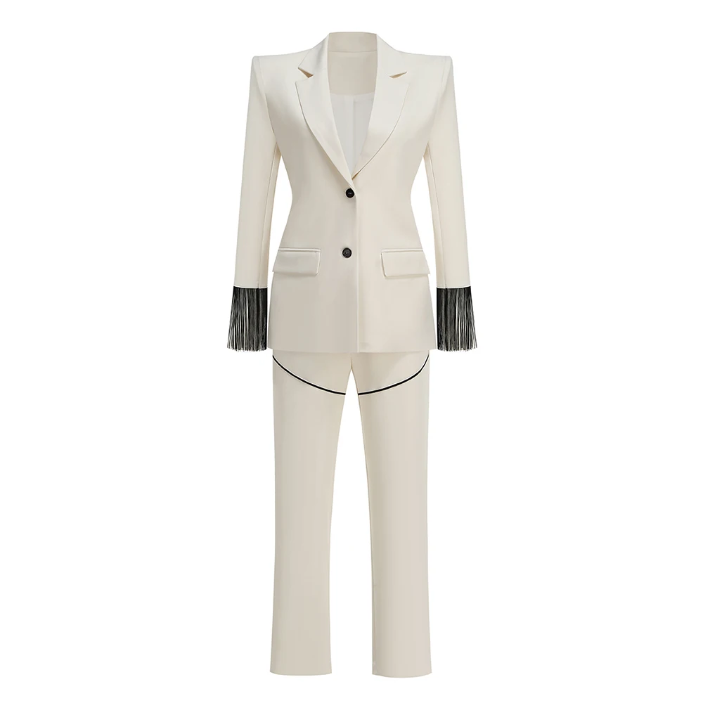 ファッションホワイトツーピースセット長袖タッセルブレザー背中 - Women Formal Wear Without Blazer のレビューと価格