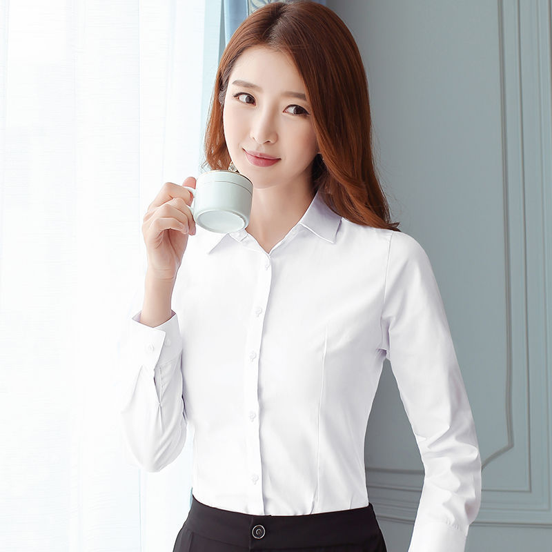 韓国スリムブラックホワイトブラウス女性長袖ワークシャツオフィ - Women Formal Wear White Shirt のレビューと価格