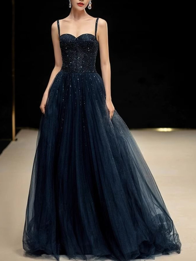 エレガントなプリンセスネイビーブルースパンコールスパゲッティ - Women Formal Wear For Graduation のレビューと価格
