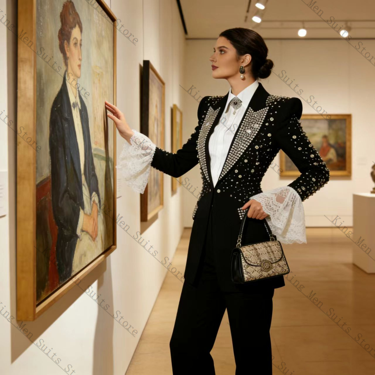 クリスタルブラック女性スーツセット 2 個ブレザー + パン - Women Luxury Formal Wear のレビューと価格