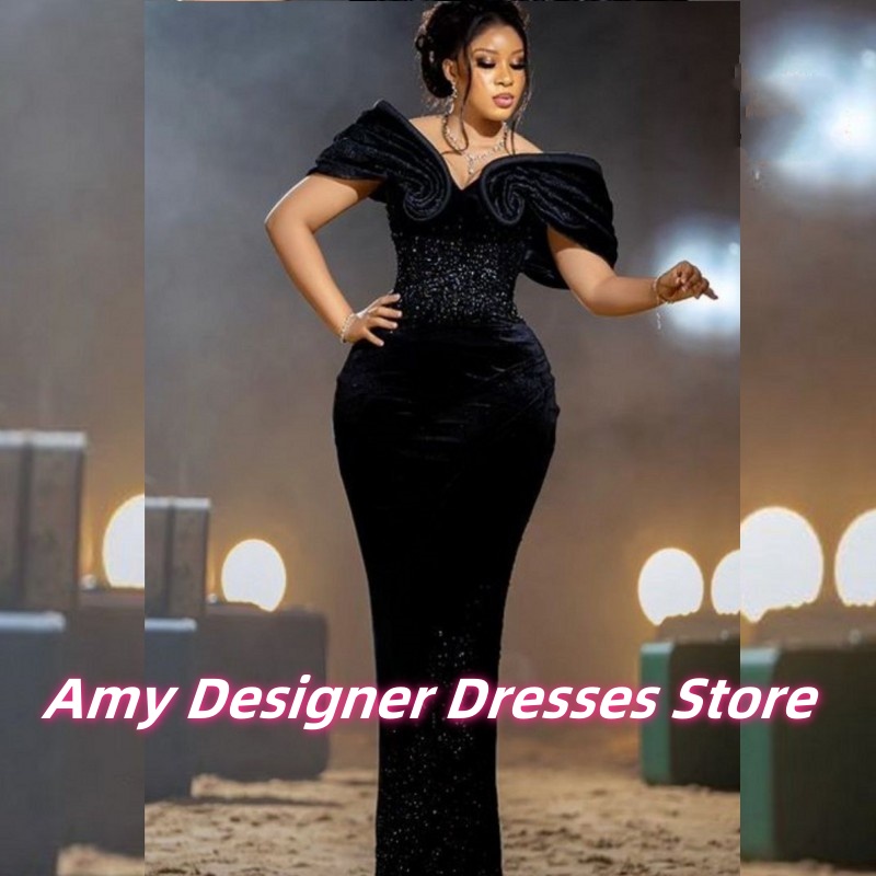 エレガントなブラックベルベットのイブニングドレスロングマーメ - Formal Dress Female のレビューと価格