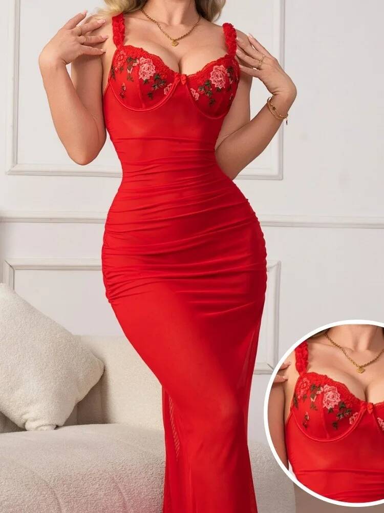 ストラップ付きの赤いシャーリングドレス ボディコン エレガン - Women Formal Wear H&M のレビューと価格