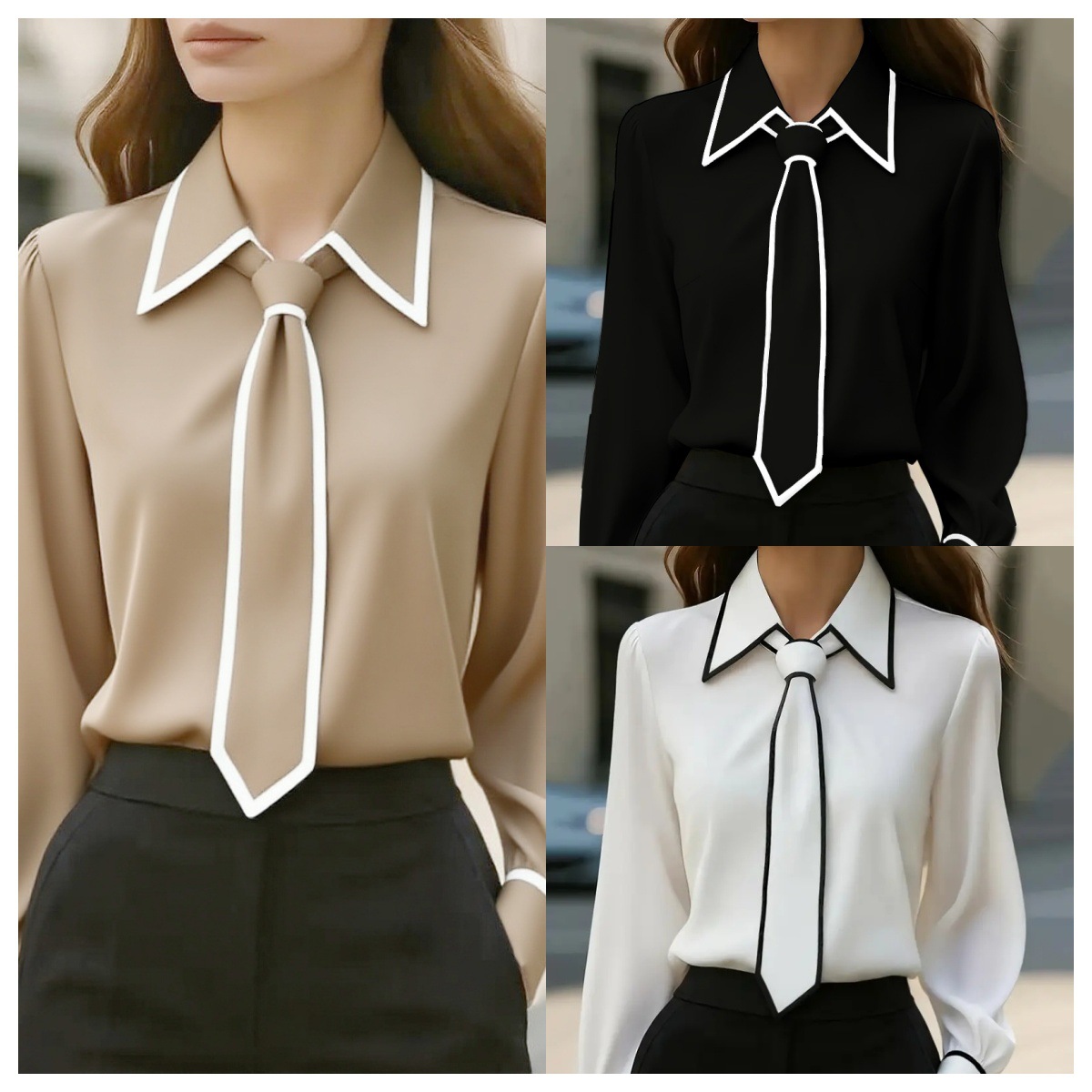 レディース コントラストトリム タイネックブラウス オフィス - Women Formal Wear With Tie のレビューと価格