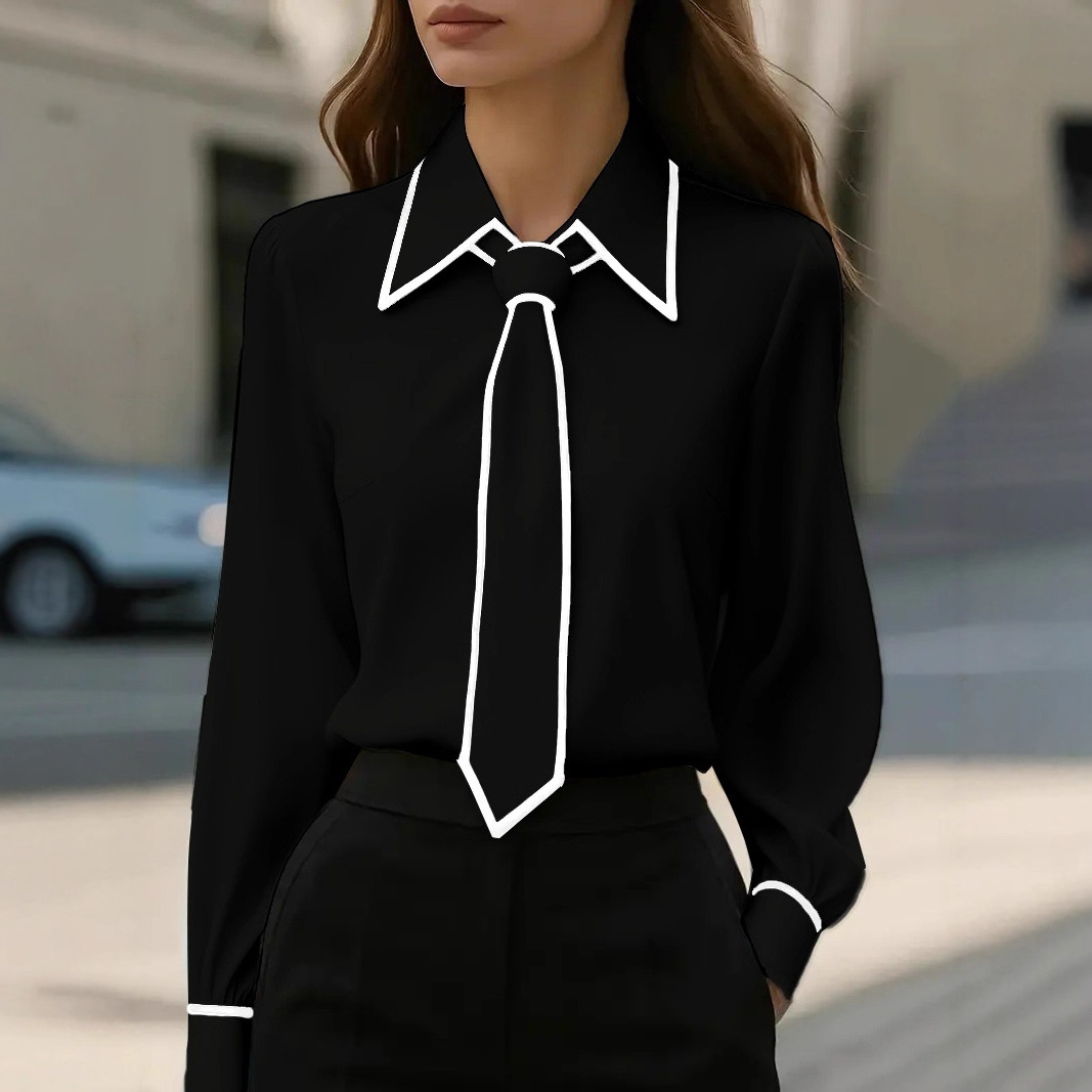 レディース コントラストトリム タイネックブラウス オフィス - Women Formal Wear With Tie のレビューと価格