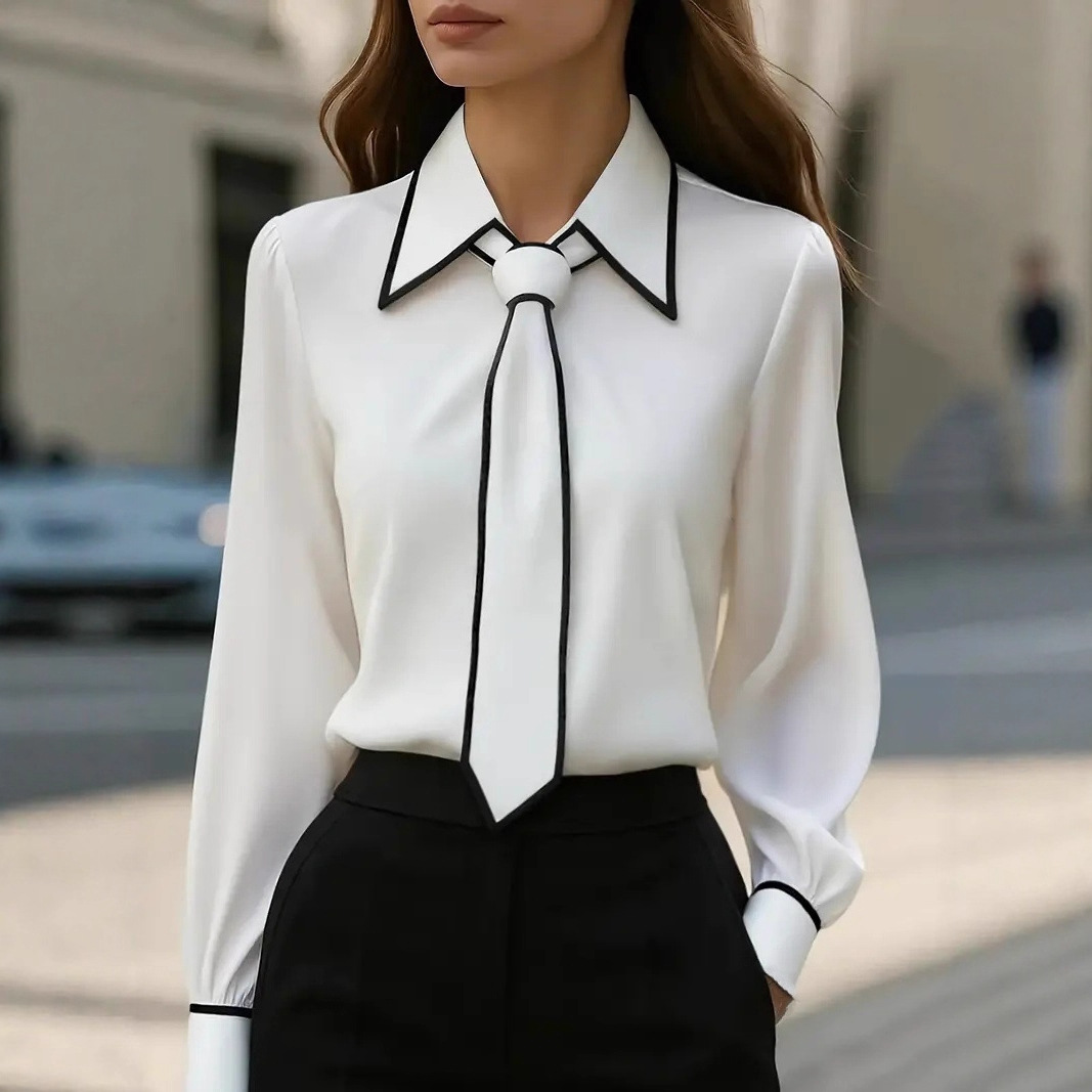 レディース コントラストトリム タイネックブラウス オフィス - Women Formal Wear With Tie のレビューと価格
