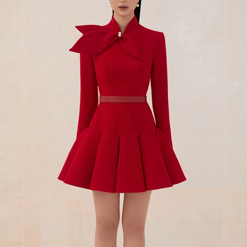 テーラーショップライトレッドウールドレスレトロスリム女性ライ - Formal Dress Female のレビューと価格